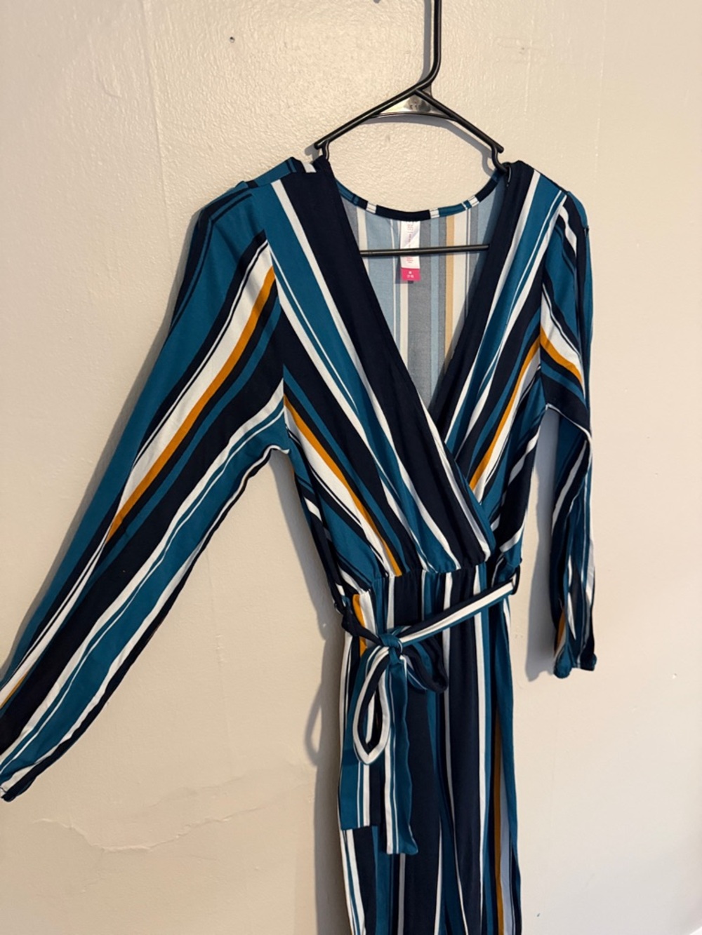 No Boundaries Teal, Navy & White Striped Jumpsuit with Mustard Accents